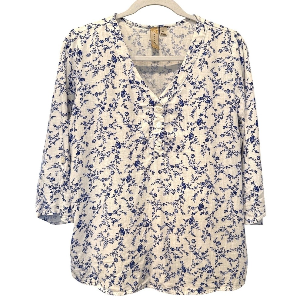 MISIA‎ Linen Floral Toile Blouse PL 3/4 Sleeve White Blue Spring Cottage V-Neck